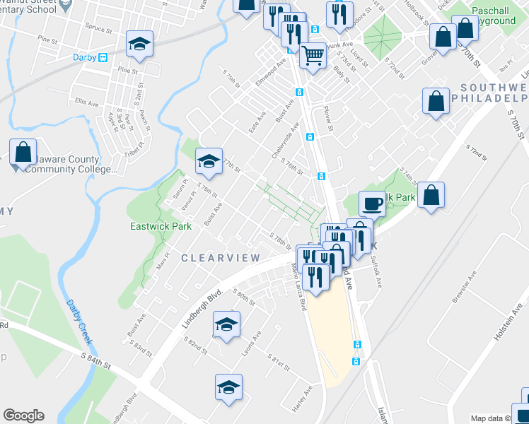 map of restaurants, bars, coffee shops, grocery stores, and more near 7715 Delphi Place in Philadelphia