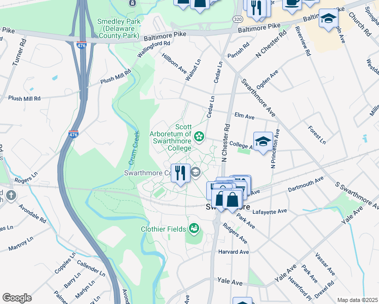 map of restaurants, bars, coffee shops, grocery stores, and more near 501 College Avenue in Swarthmore