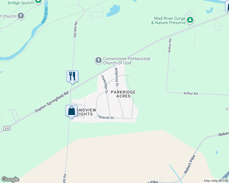 map of restaurants, bars, coffee shops, grocery stores, and more near 1491 Ridgeway Drive in Springfield
