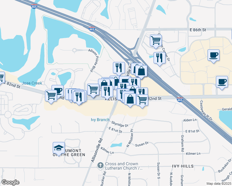 map of restaurants, bars, coffee shops, grocery stores, and more near 8232 Allisonville Road in Indianapolis