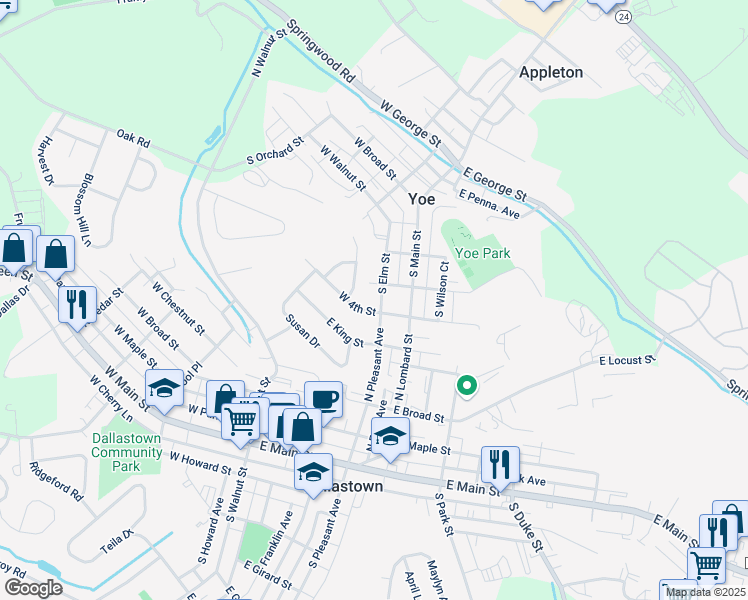 map of restaurants, bars, coffee shops, grocery stores, and more near 215 Denton Drive in Dallastown