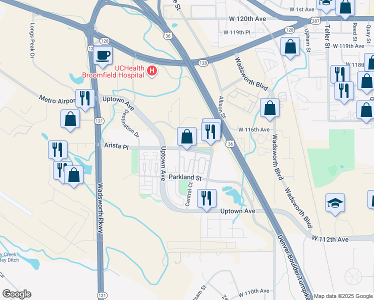 map of restaurants, bars, coffee shops, grocery stores, and more near 8181 Arista Place in Broomfield