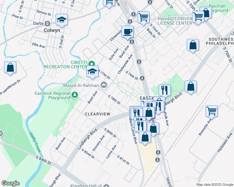 map of restaurants, bars, coffee shops, grocery stores, and more near 7715 Delphi Place in Philadelphia