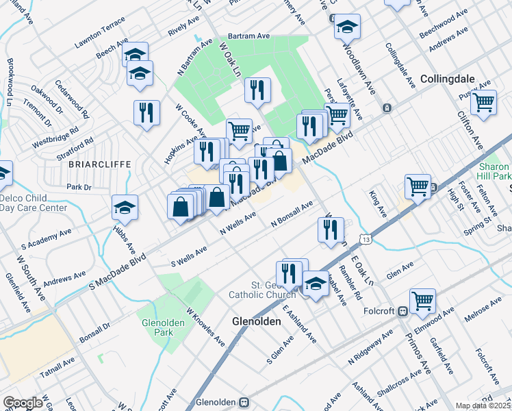 map of restaurants, bars, coffee shops, grocery stores, and more near 102 North Wells Avenue in Glenolden