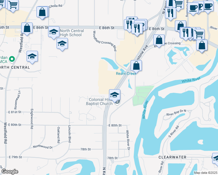 map of restaurants, bars, coffee shops, grocery stores, and more near 8250 Woodfield Crossing Boulevard in Indianapolis