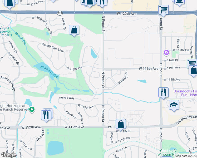 map of restaurants, bars, coffee shops, grocery stores, and more near 1658 West 115th Circle in Westminster