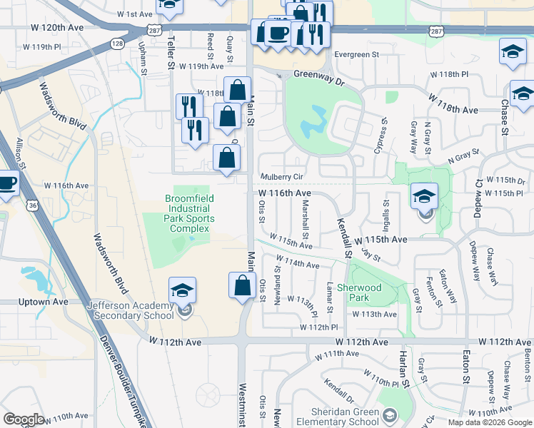 map of restaurants, bars, coffee shops, grocery stores, and more near 11563 Newland Street in Broomfield