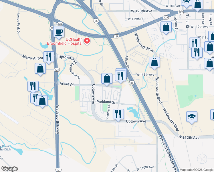 map of restaurants, bars, coffee shops, grocery stores, and more near 8181 Arista Place in Broomfield