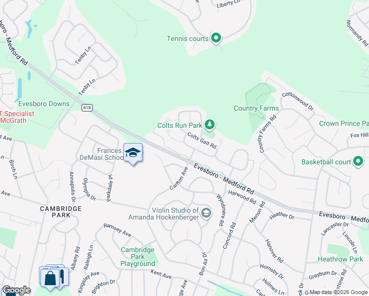 map of restaurants, bars, coffee shops, grocery stores, and more near 6 Colts Gait Road in Evesham