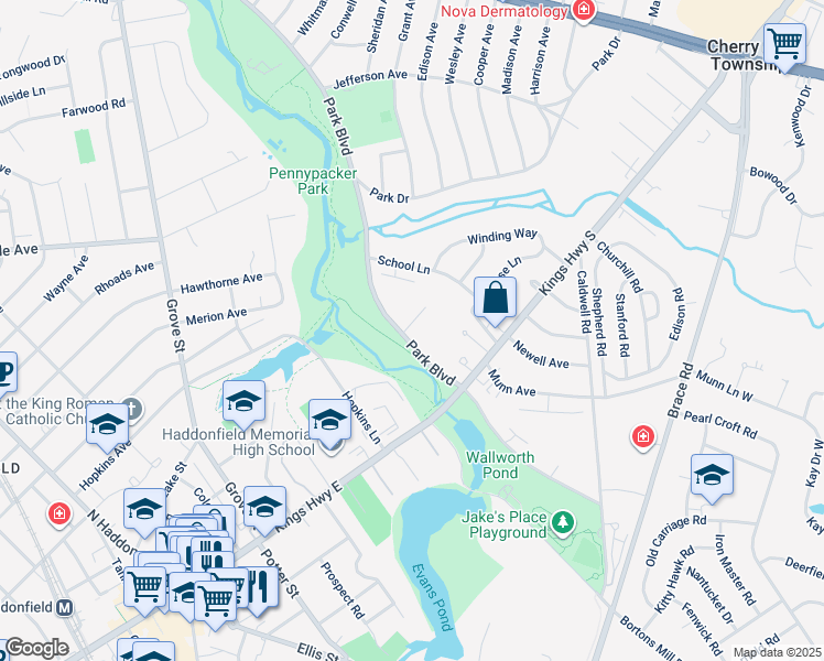 map of restaurants, bars, coffee shops, grocery stores, and more near 110 B Cherry Parke in Cherry Hill