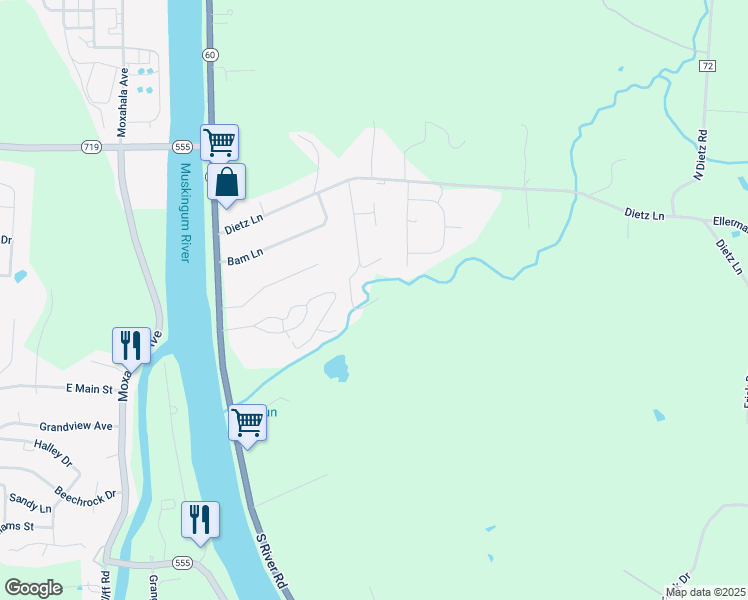 map of restaurants, bars, coffee shops, grocery stores, and more near 2274 Creedmoor Drive in Zanesville