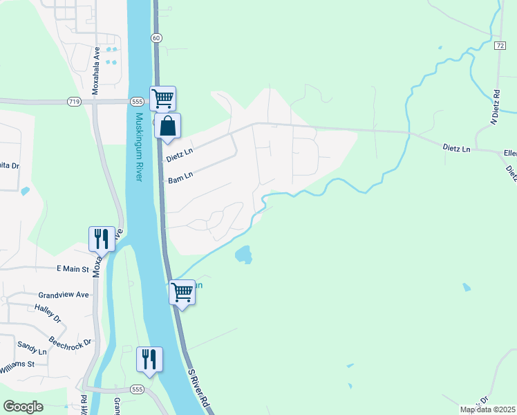 map of restaurants, bars, coffee shops, grocery stores, and more near 2274 Creedmoor Drive in Zanesville