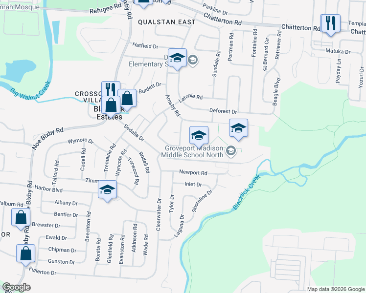 map of restaurants, bars, coffee shops, grocery stores, and more near 3486 Negley Road in Columbus
