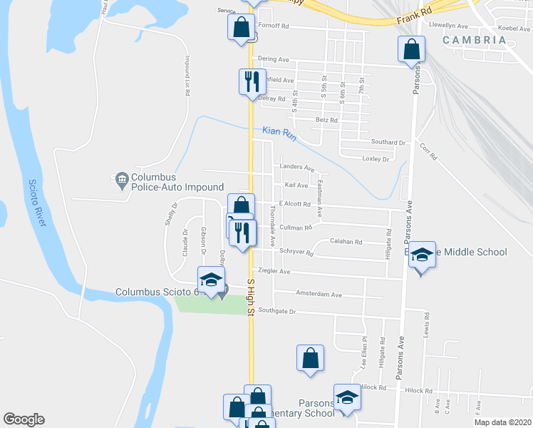 map of restaurants, bars, coffee shops, grocery stores, and more near 2720 South High Street in Columbus