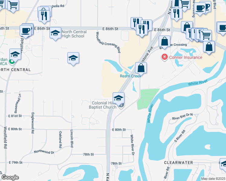 map of restaurants, bars, coffee shops, grocery stores, and more near 8250 Woodfield Crossing Blvd in Indianapolis