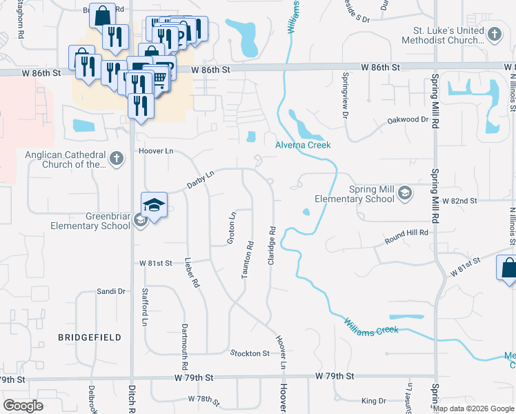 map of restaurants, bars, coffee shops, grocery stores, and more near 8238 Taunton Road in Indianapolis