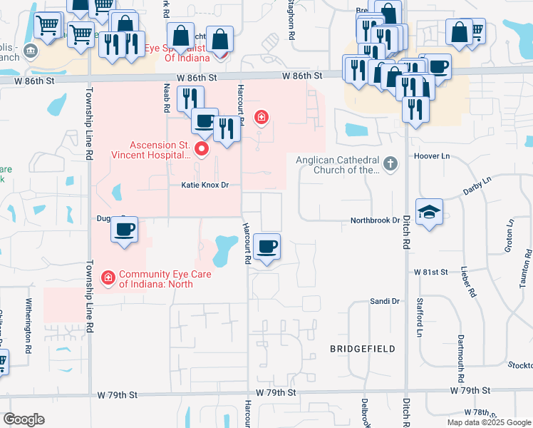 map of restaurants, bars, coffee shops, grocery stores, and more near 8265 Harcourt Road in Indianapolis