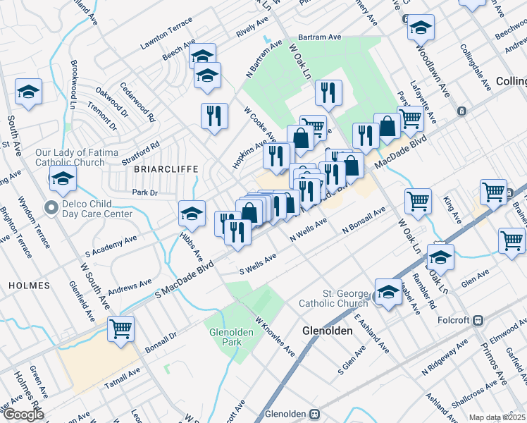 map of restaurants, bars, coffee shops, grocery stores, and more near 1 South Andrews Avenue in Glenolden