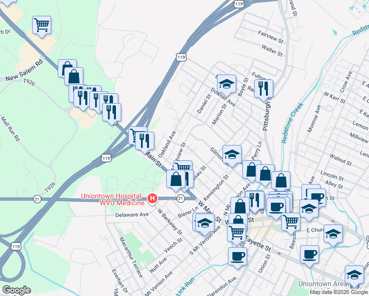 map of restaurants, bars, coffee shops, grocery stores, and more near 40 Oakland Avenue in Uniontown