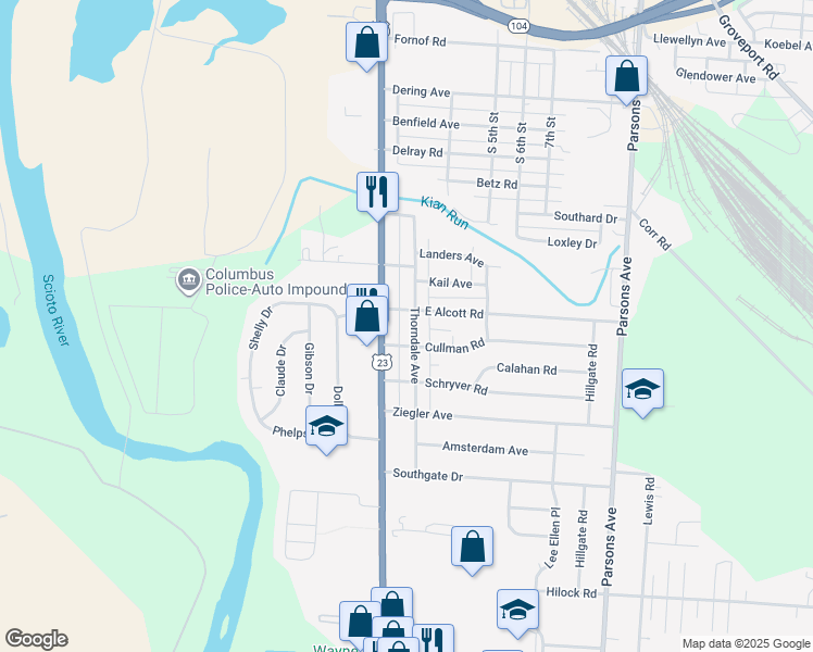 map of restaurants, bars, coffee shops, grocery stores, and more near 2720 South High Street in Columbus