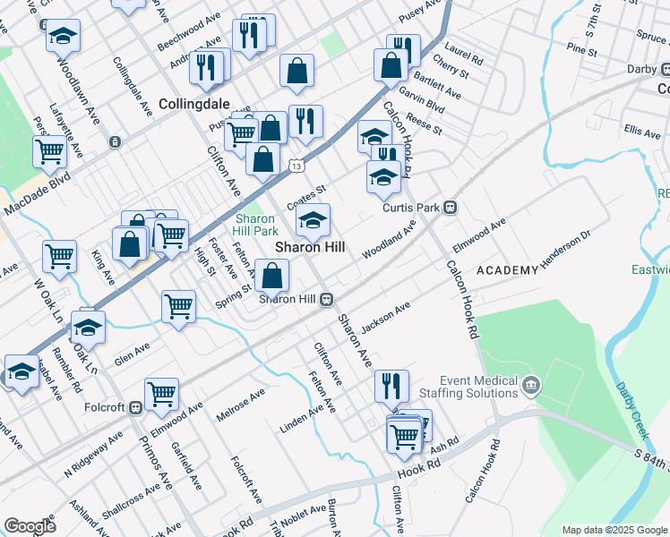 map of restaurants, bars, coffee shops, grocery stores, and more near 1026 Woodland Avenue in Sharon Hill