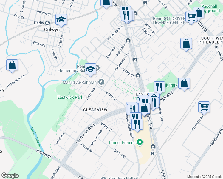 map of restaurants, bars, coffee shops, grocery stores, and more near 7722 Orpheus Place in Philadelphia