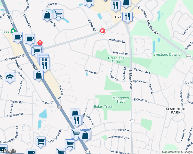 map of restaurants, bars, coffee shops, grocery stores, and more near 2 Alvis Court in Evesham