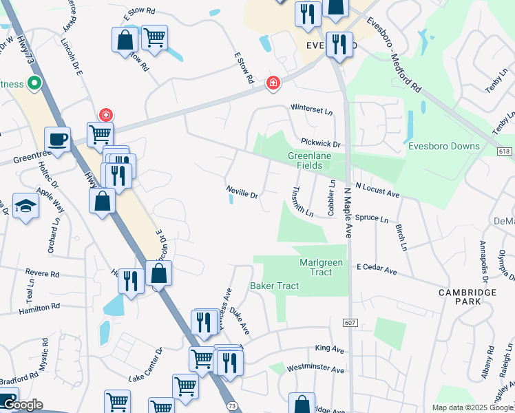 map of restaurants, bars, coffee shops, grocery stores, and more near 2 Alvis Court in Evesham