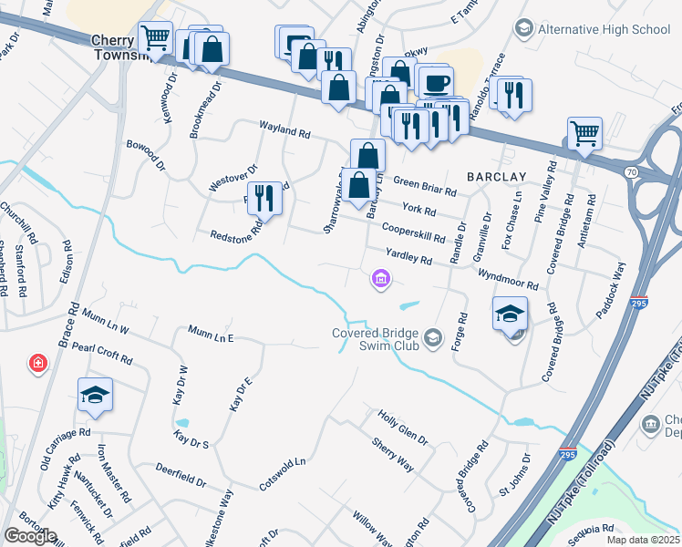 map of restaurants, bars, coffee shops, grocery stores, and more near 222 Dickens Court in Cherry Hill