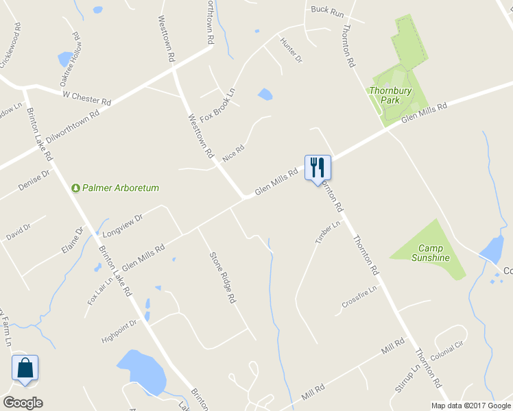 map of restaurants, bars, coffee shops, grocery stores, and more near 404 Glen Mills Road in Thornton