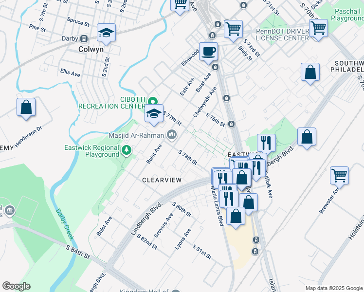 map of restaurants, bars, coffee shops, grocery stores, and more near 7735 Orpheus Place in Philadelphia