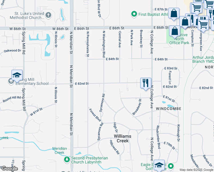 map of restaurants, bars, coffee shops, grocery stores, and more near 8195 Sycamore Rd in Indianapolis