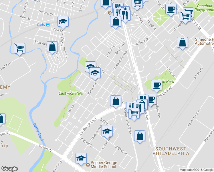 map of restaurants, bars, coffee shops, grocery stores, and more near 7735 Orpheus Place in Philadelphia