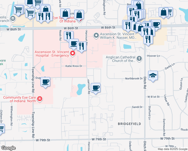 map of restaurants, bars, coffee shops, grocery stores, and more near 8265 Harcourt Road in Indianapolis