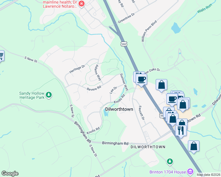 map of restaurants, bars, coffee shops, grocery stores, and more near 329 Lea Drive in West Chester