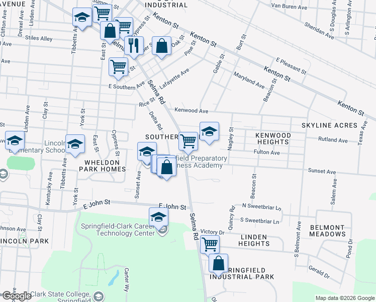 map of restaurants, bars, coffee shops, grocery stores, and more near 1514 Selma Road in Springfield
