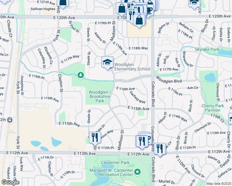 map of restaurants, bars, coffee shops, grocery stores, and more near 11586 Monroe Way in Thornton