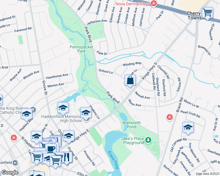 map of restaurants, bars, coffee shops, grocery stores, and more near 128 E Cherry Parke in Cherry Hill