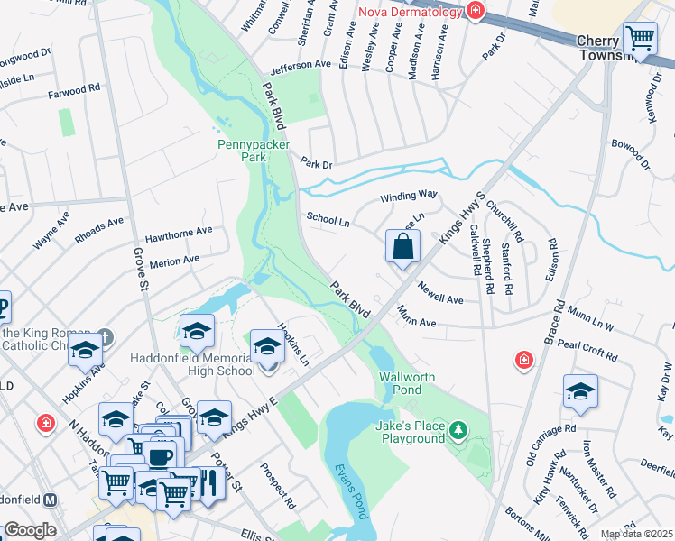 map of restaurants, bars, coffee shops, grocery stores, and more near 128 E Cherry Parke in Cherry Hill