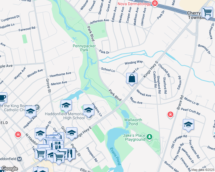map of restaurants, bars, coffee shops, grocery stores, and more near 110 B Cherry Parke in Cherry Hill