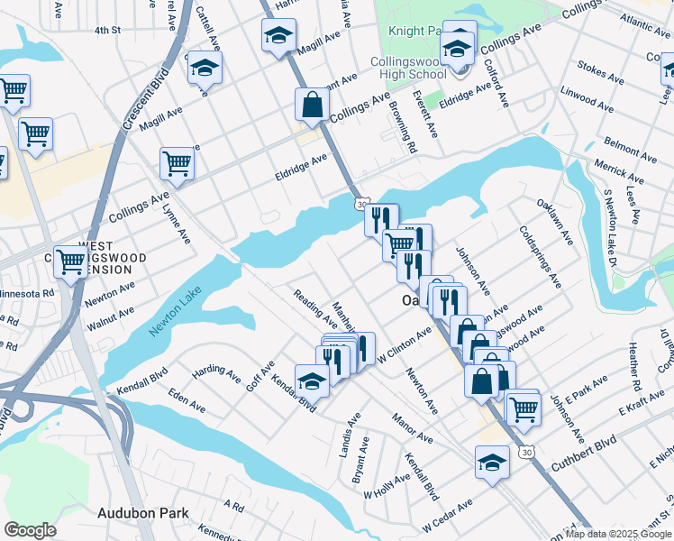 map of restaurants, bars, coffee shops, grocery stores, and more near 109 Newton Avenue in Oaklyn