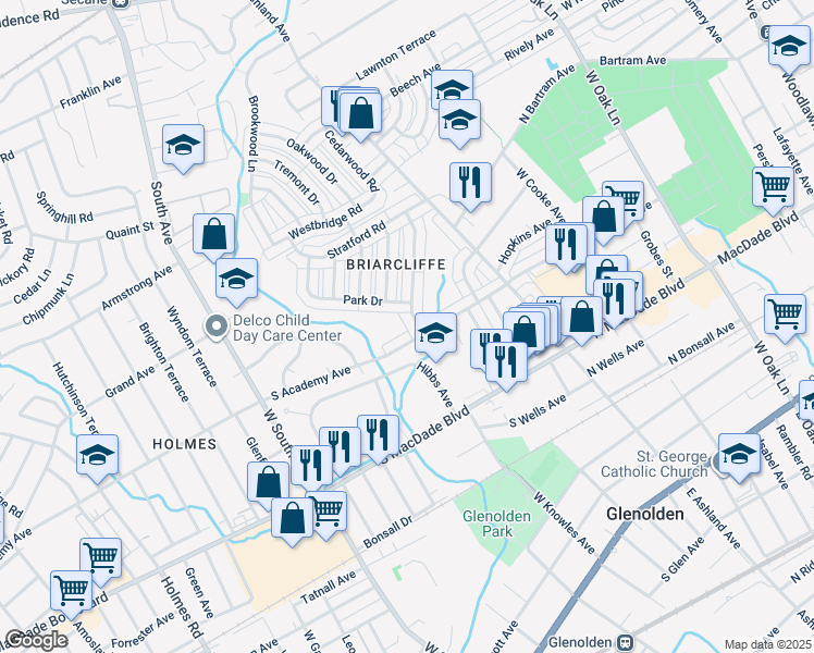 map of restaurants, bars, coffee shops, grocery stores, and more near 612 Crescent Drive in Glenolden