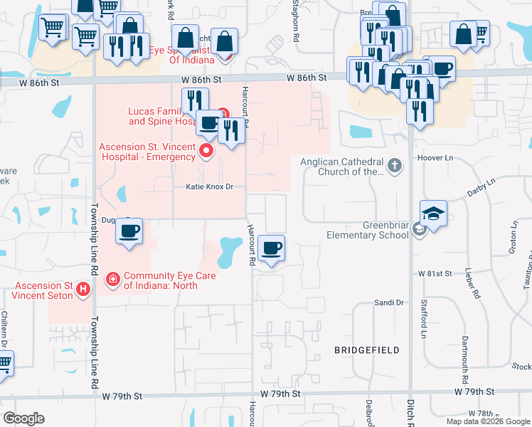 map of restaurants, bars, coffee shops, grocery stores, and more near 8265 Harcourt Road in Indianapolis