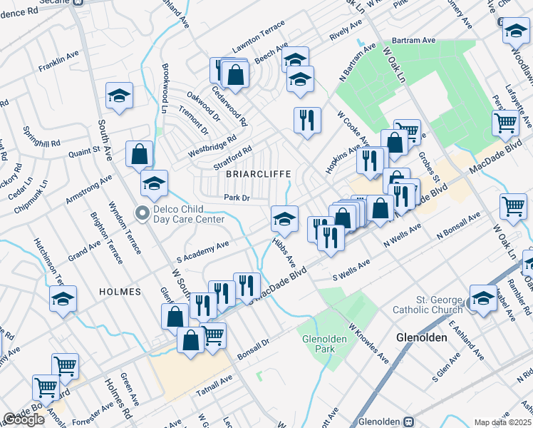 map of restaurants, bars, coffee shops, grocery stores, and more near 612 Crescent Drive in Glenolden