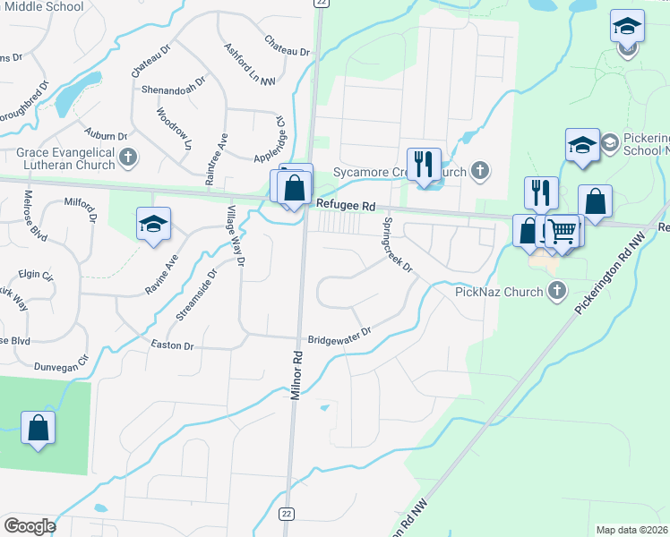 map of restaurants, bars, coffee shops, grocery stores, and more near 11719 Chanticleer Drive Northwest in Pickerington