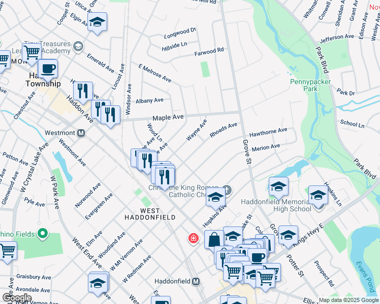 map of restaurants, bars, coffee shops, grocery stores, and more near 217 Rhoads Avenue in Haddonfield