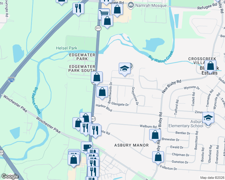 map of restaurants, bars, coffee shops, grocery stores, and more near 3399 Beachworth Drive in Columbus