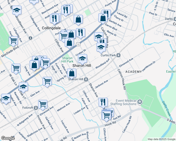 map of restaurants, bars, coffee shops, grocery stores, and more near 1026 Woodland Avenue in Sharon Hill