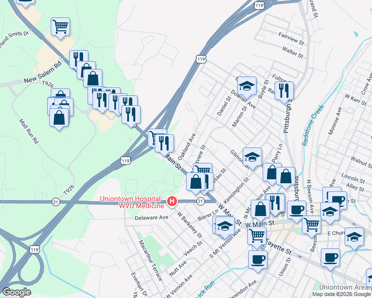 map of restaurants, bars, coffee shops, grocery stores, and more near 40 Oakland Avenue in Uniontown