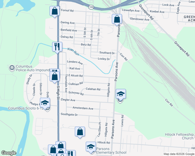 map of restaurants, bars, coffee shops, grocery stores, and more near 235 East Alcott Road in Columbus